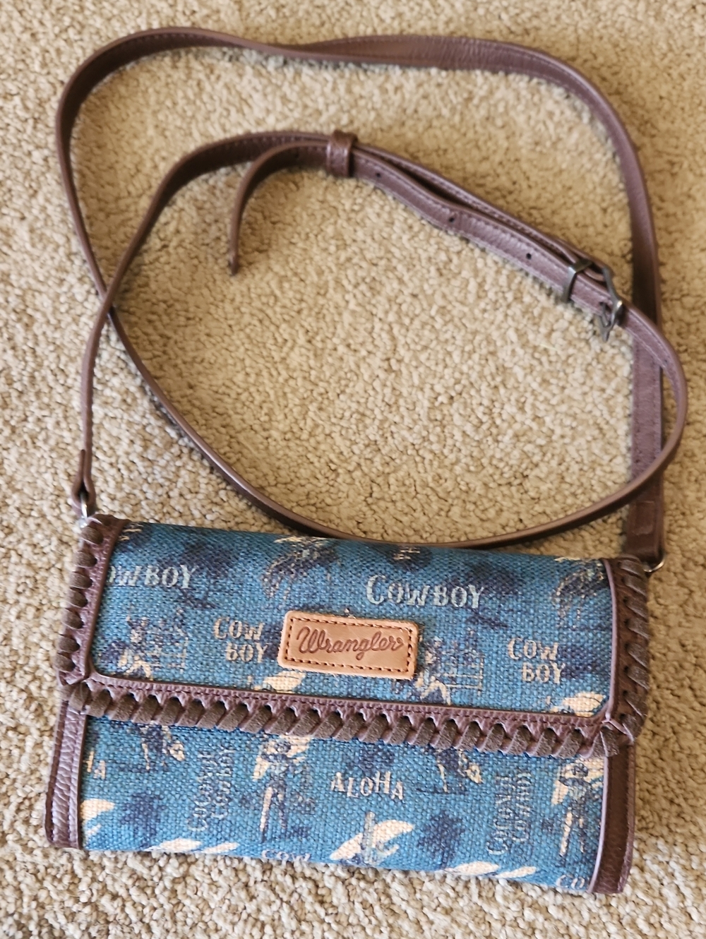 Wrangler Blue Aloha Cowboy Print Mini Crossbody with Brown Trim, Basically New
